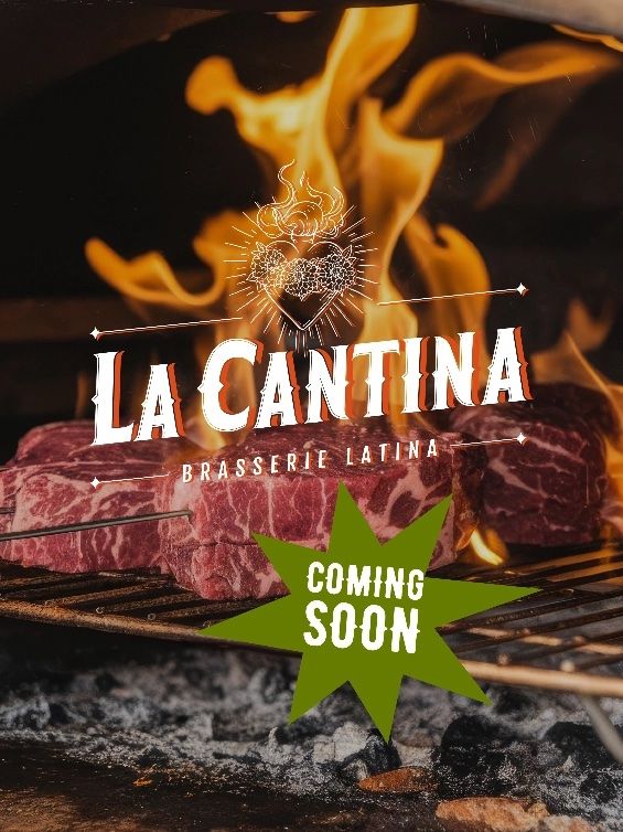 Viande grillée sur les flammes, logo La Cantina et « Coming soon »